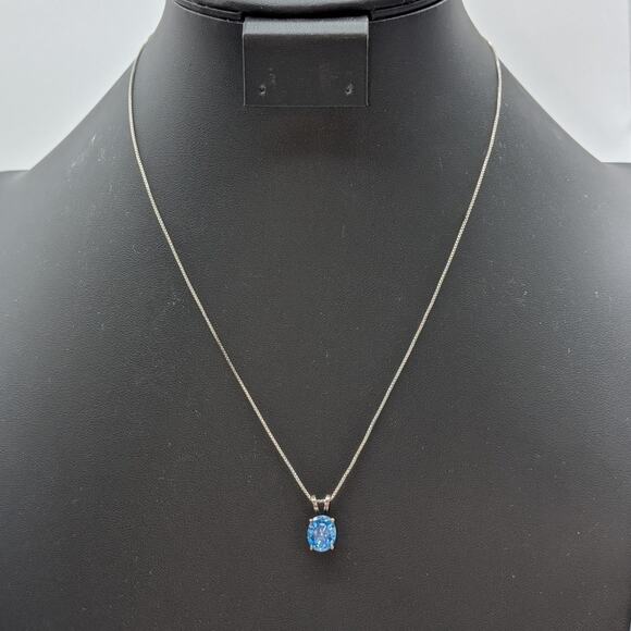 Vtg 925 Sterling Brilliant Blue Crystal Solitaire Pendant Box Chain Necklace - Picture 1 of 9